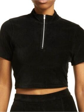 ALO Yoga Black Cropped Half-Zip Short Sleeve corduroy top.